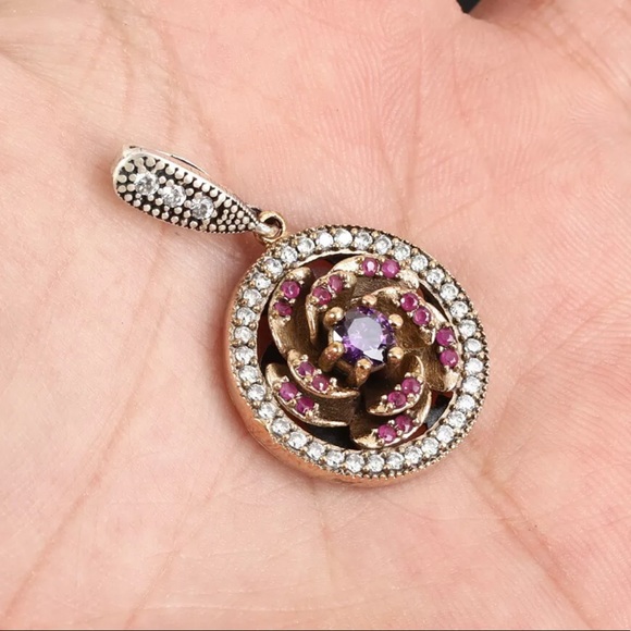 Sultan Ottoman Flower Ruby Topaz Silver Pendant - Picture 2 of 3